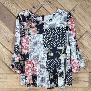 Chenault Peplum Blouse Women Medium Patchwork Floral Bell Sleeve Black Multi